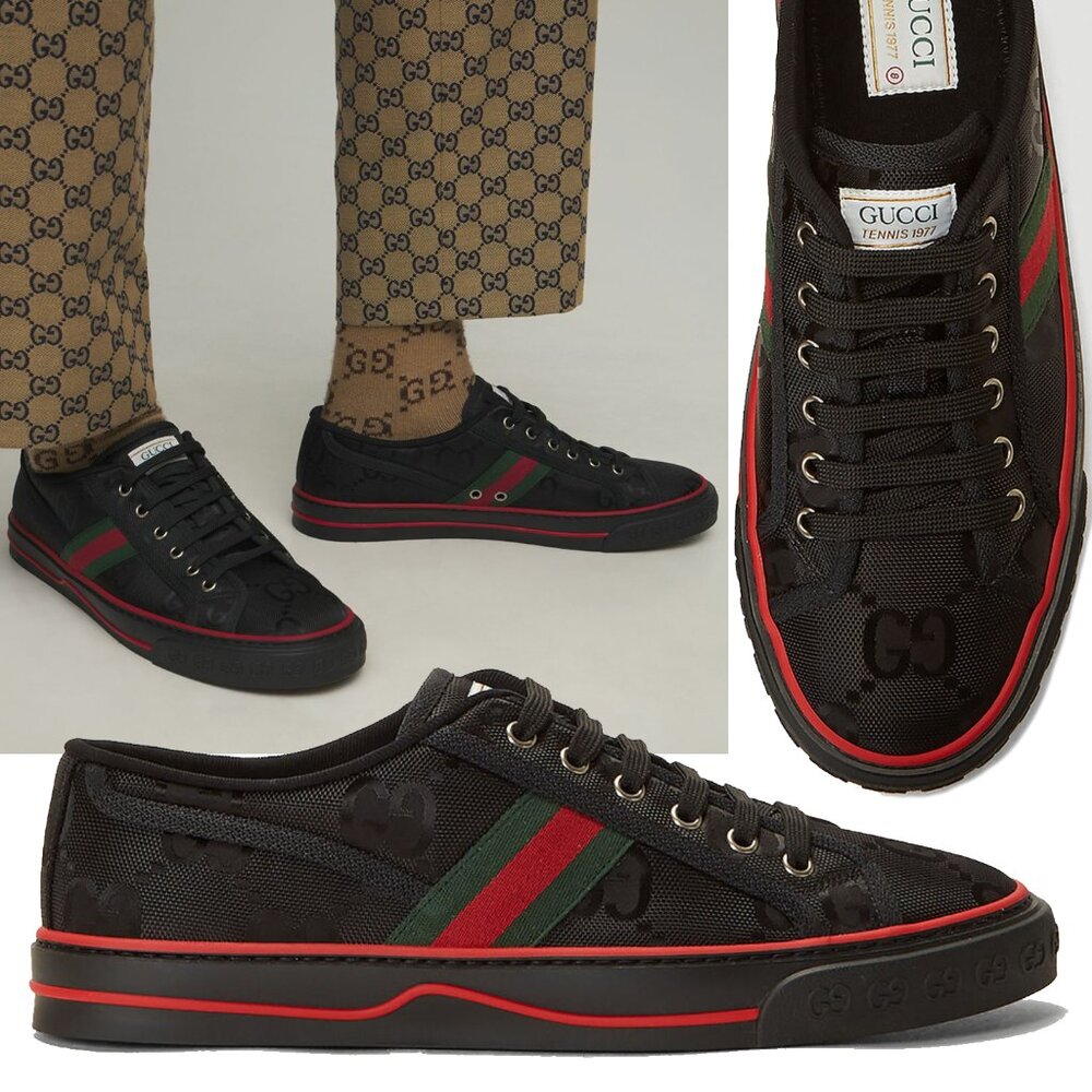 GUCCI MENS SNEAKERS OFF THE GRID TENNIS 1977 LOGO WEB ECONYL SHOES sz 12 12.5 US